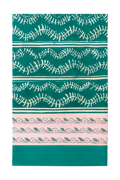 Tablecloth Bluebell Emerald by Erin Donahue Tice with teal base and white baseball stitch on Tampa Home & Garden Store