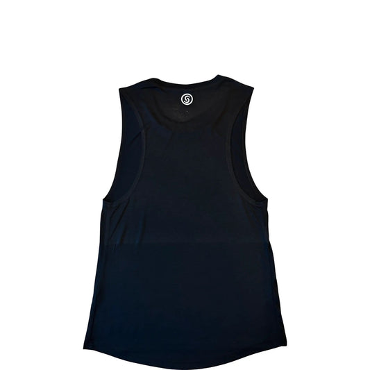 Ladies Flowy Muscle Tank black sleeveless top with a small back logo by Slyce Sport on Tampa Home & Garden Store