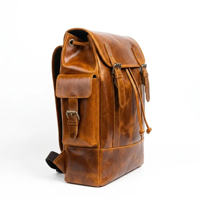 Handcrafted Earthen Leather Laptop Backpack in brown leather with front pocket on Tampa Home & Garden Store
