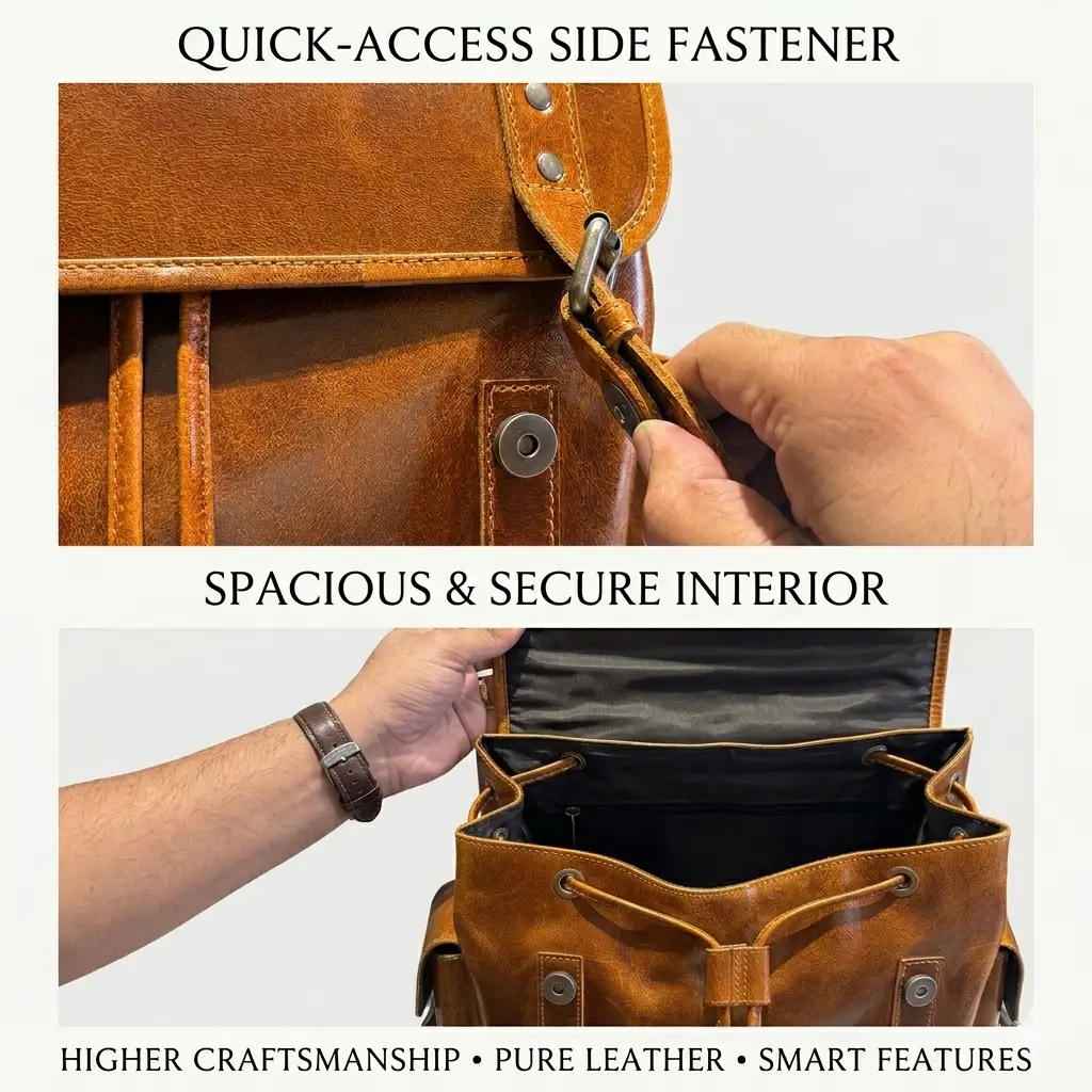 Handcrafted Earthen Leather Laptop Backpack by Classy Leather Bags brown leather quick-access side fastener spacious interior on Tampa Home & Garden Store