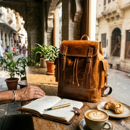 Handcrafted Earthen Leather Laptop Backpack in brown with buckle straps on a wooden cafe table on Tampa Home & Garden Store