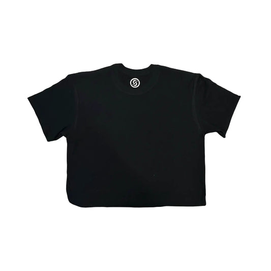 Ladies Cropped Tee black with small white circular Slyce Sport logo at back neckline on Tampa Home & Garden Store