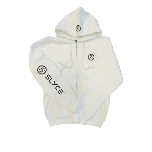Slyce Signature Full Zip Hoodie white hooded sweatshirt with black Slyce Sport logos on Tampa Home & Garden Store