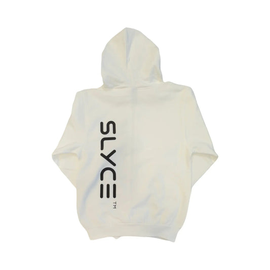 Slyce Signature Full Zip Hoodie white hoodie with vertical black branding on front on Tampa Home & Garden Store