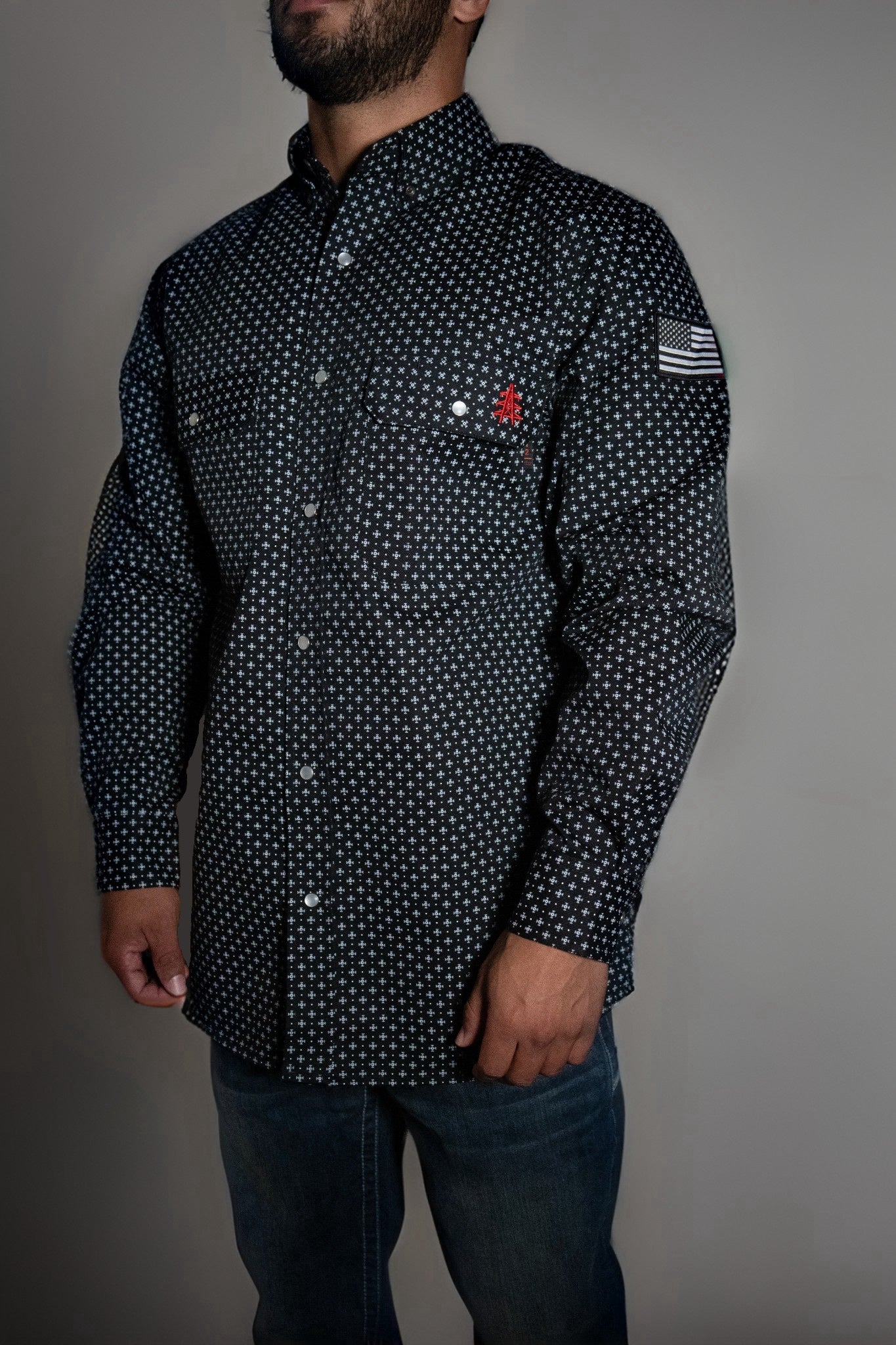 FR Pearl Snap Work Shirt Reaper Black with U.S. flag patch, button-front by Static FR on Tampa Home & Garden Store