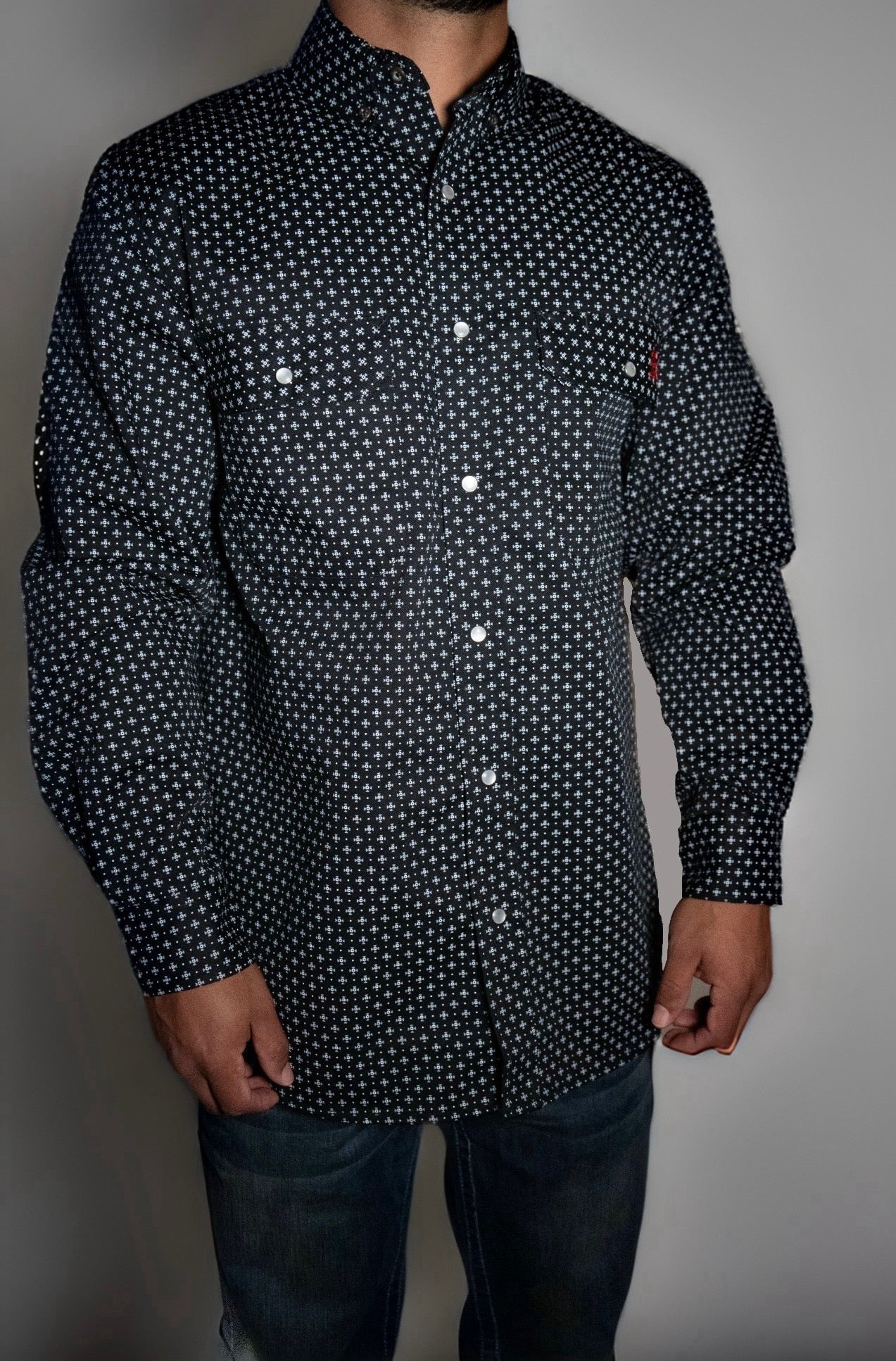 Static FR Pearl Snap Work Shirt Reaper Black with US flag patch, navy micro print, pearl snap on Tampa Home & Garden Store