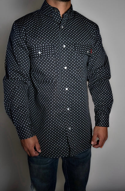 Static FR Pearl Snap Work Shirt Reaper Black with US flag patch, navy micro print, pearl snap on Tampa Home & Garden Store