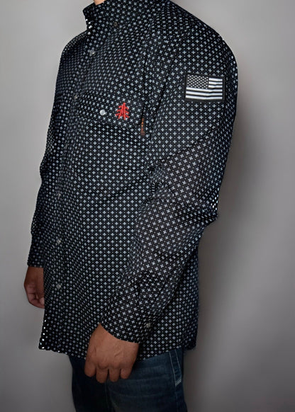 Static FR Pearl Snap Work Shirt Reaper Black with U.S. flag patch on sleeve, dark navy fabric with small white pattern on Tampa Home & Garden Store