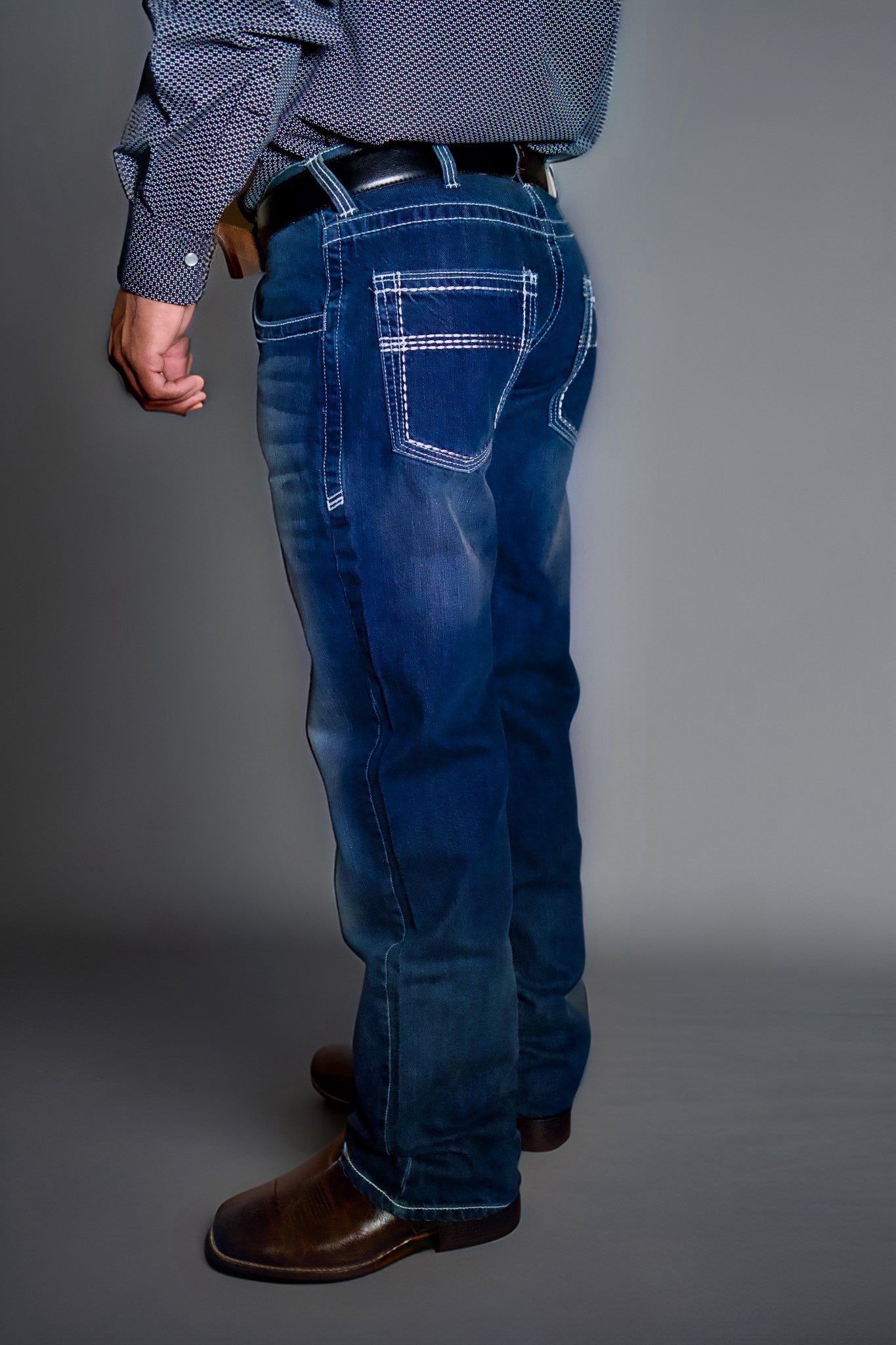 FR Boot Cut Relaxed Fit Jeans Spartan dark blue denim work jeans with back pockets and stitching on Tampa Home & Garden Store