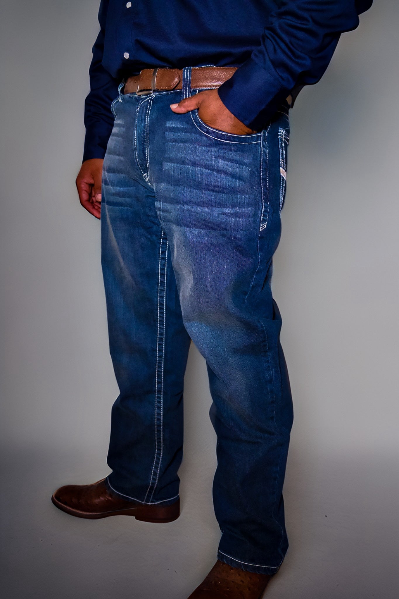 FR boot cut relaxed fit jeans Alpha in blue denim with contrast stitching and brown belt on Tampa Home & Garden Store