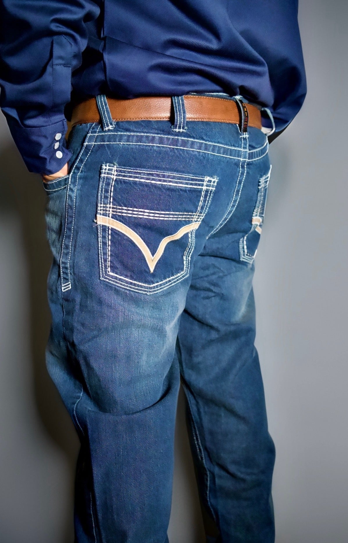 FR Boot Cut Relaxed Fit Jeans Alpha Static FR blue denim with stitching and back pocket V-detail on Tampa Home & Garden Store