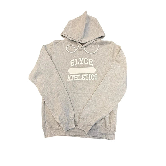 Slyce Athletics grey hoodie by Slyce Sport with hood up, white drawstrings, metal hood grommets on Tampa Home & Garden Store