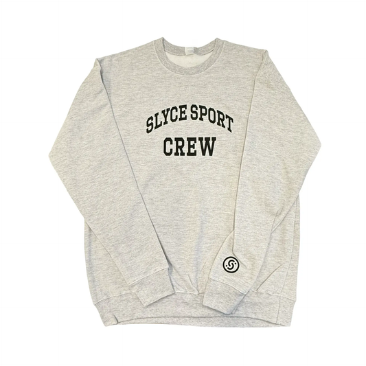 Slyce Sport crewneck sweatshirt in gray with curved SLYCE SPORT CREW print and logo on Tampa Home & Garden Store