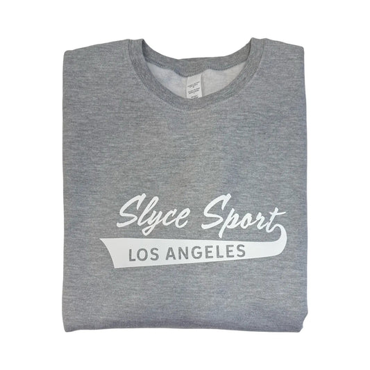 Slyce Los Angeles Crew Sweatshirt by Slyce Sport, heather gray crewneck with white LA logo on Tampa Home & Garden Store