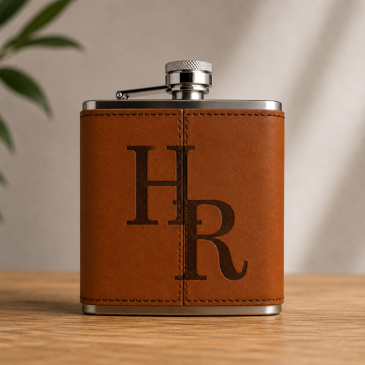 Texas Longhorns leather flask by Ryan's Woodworking with tan leather wrap and metal cap on Tampa Home & Garden Store