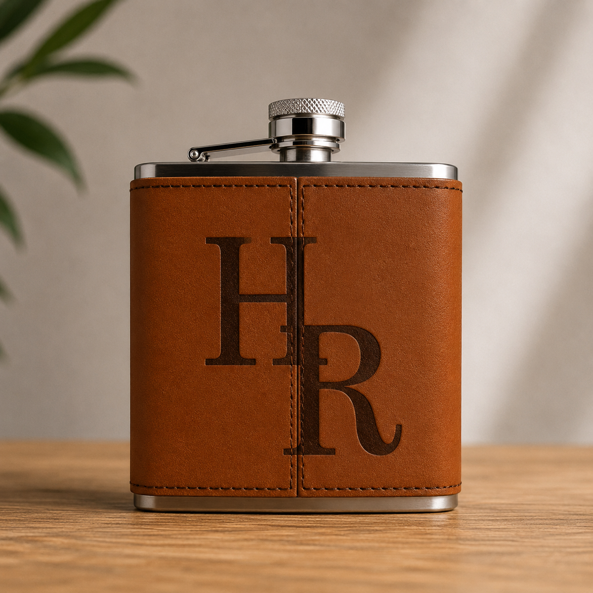 Texas Longhorns leather flask by Ryan's Woodworking with tan leather wrap and metal cap on Tampa Home & Garden Store