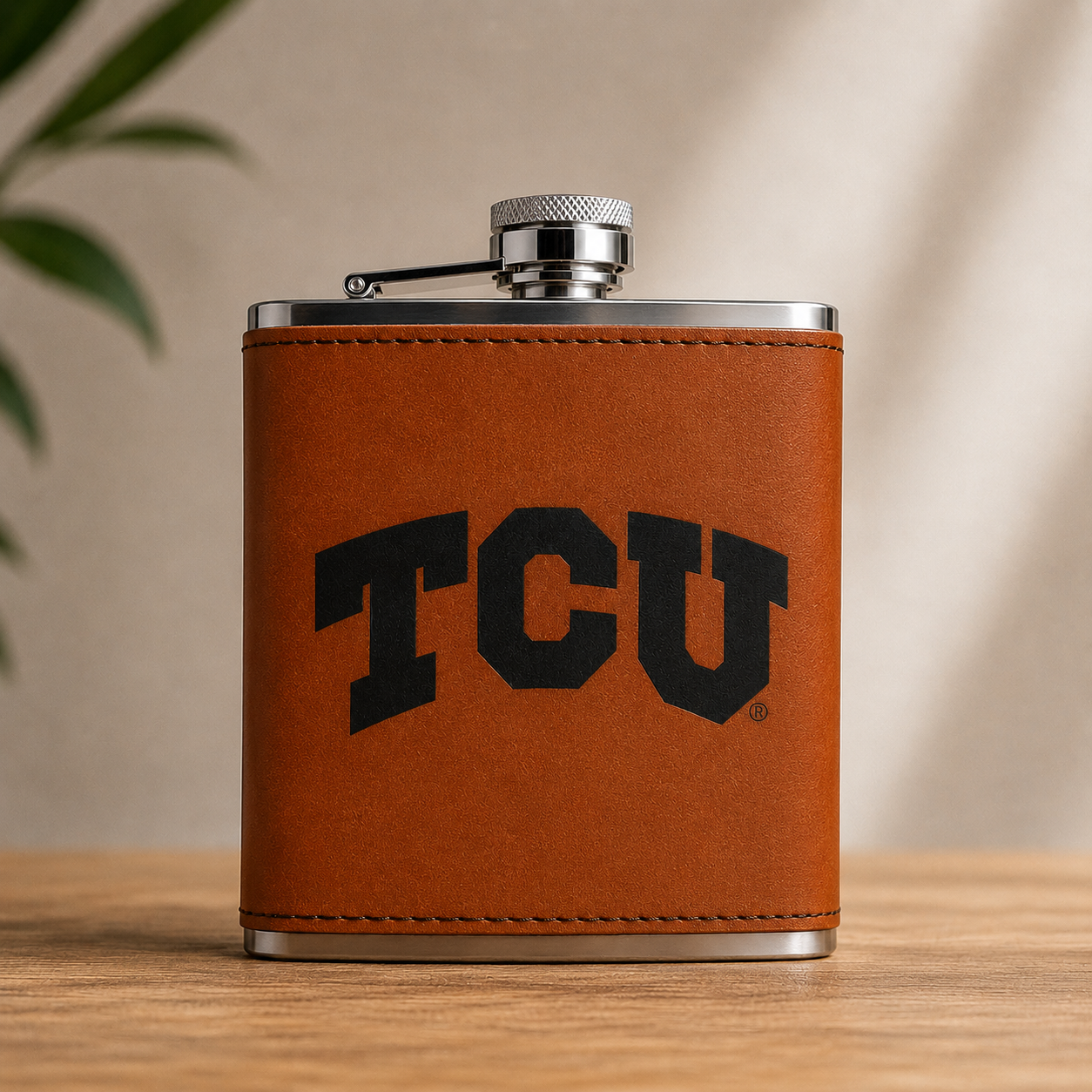 TCU leather flask by Ryan's Woodworking with brown leather cover and silver cap on Tampa Home & Garden Store