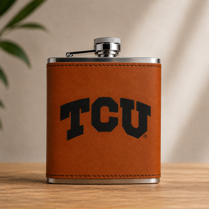 TCU leather flask by Ryan's Woodworking with brown leather cover and silver cap on Tampa Home & Garden Store