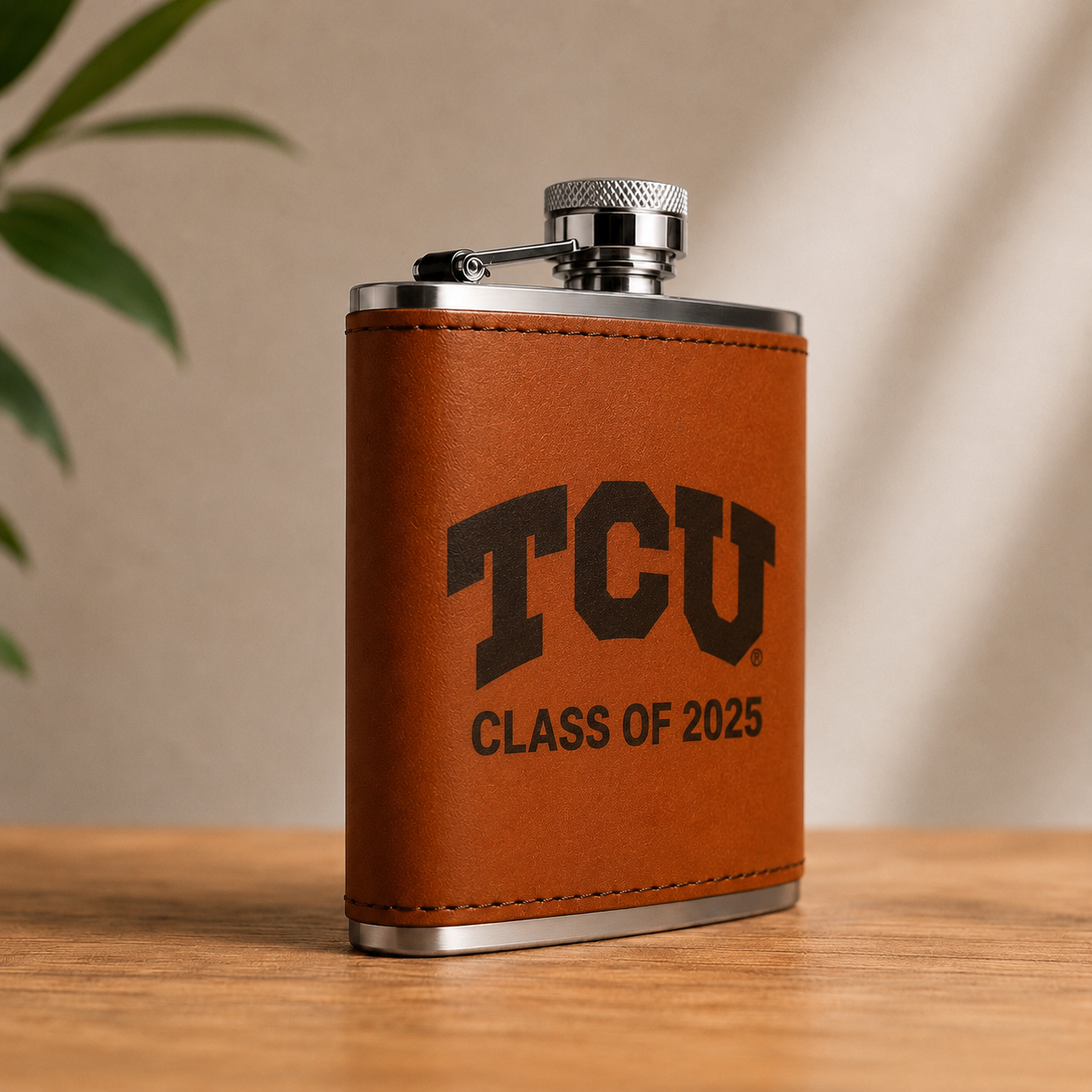 TCU leather flask with brown leather sleeve, Class of 2025 lettering, by Ryan's Woodworking on Tampa Home & Garden Store