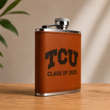 TCU leather flask with brown leather sleeve, Class of 2025 lettering, by Ryan's Woodworking on Tampa Home & Garden Store