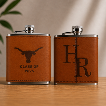 Two Texas Longhorns leather flasks by Ryan's Woodworking, brown leather wraps with metal caps on Tampa Home & Garden Store