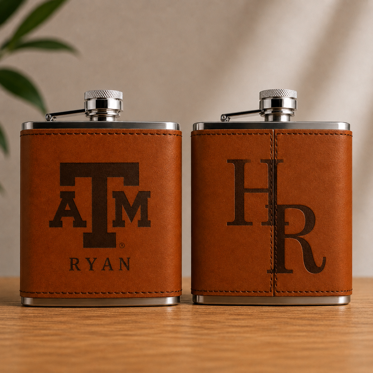 Texas A&M Leather Flask by Ryan's Woodworking, pair of tan leather-wrapped flasks on Tampa Home & Garden Store