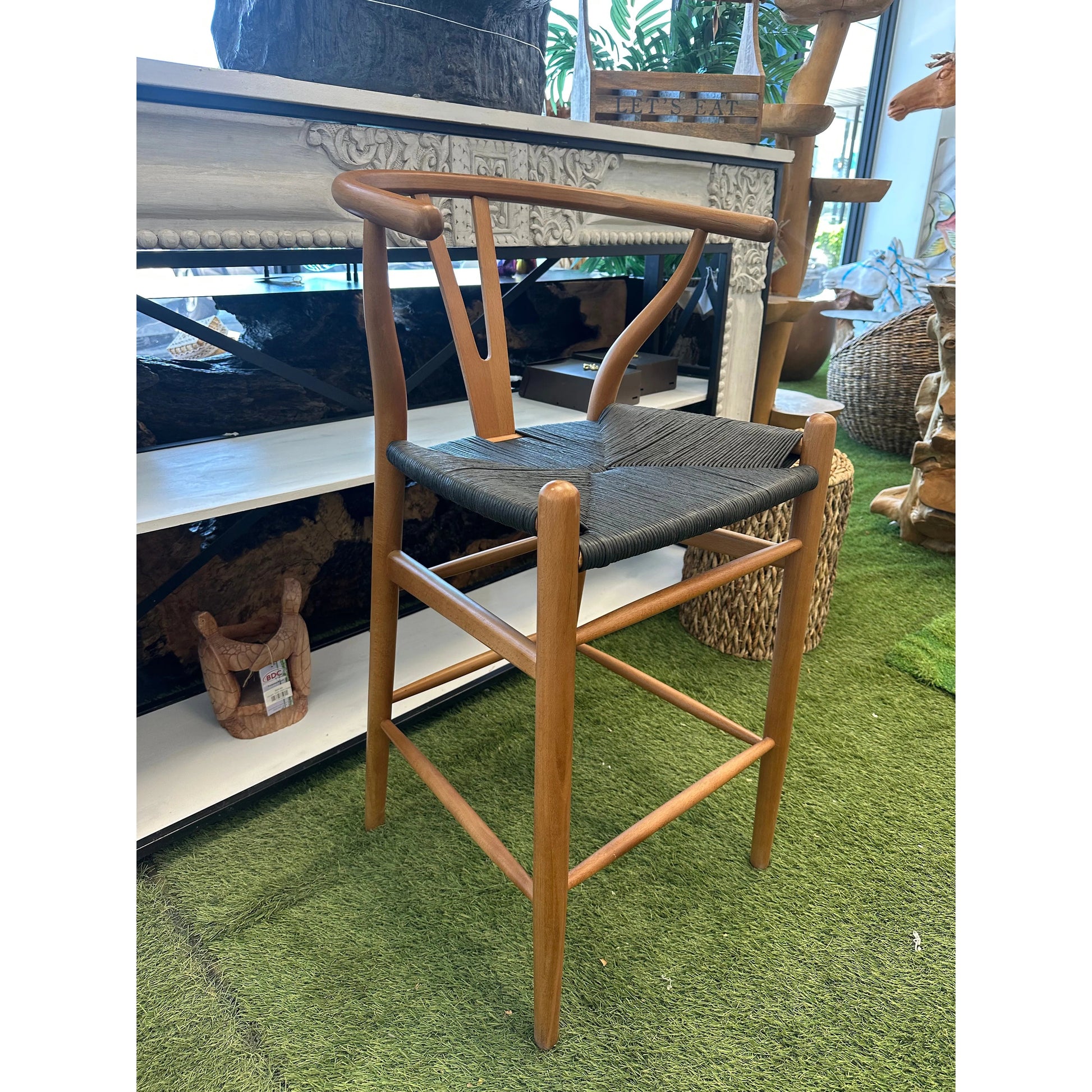 Wishbone Island Counter Stool wood with woven gray seat by The Broward Design Center on Tampa Home & Garden Store