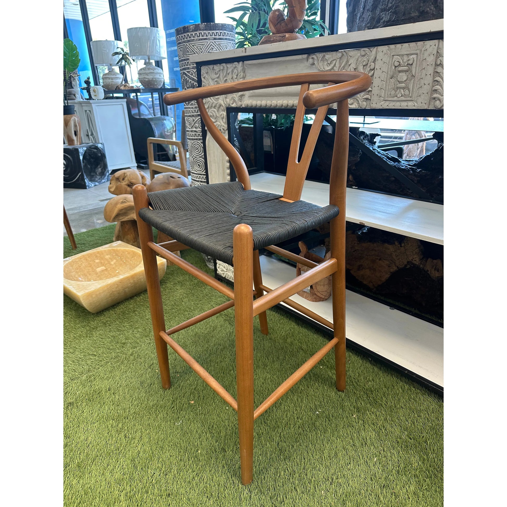 Wishbone Island Counter Stool, wood frame, woven gray seat by The Broward Design Center on Tampa Home & Garden Store