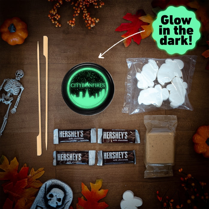 Halloween Glow in the Dark S'mores Pack City Bonfires glow lid with marshmallows and Hershey's on Tampa Home & Garden Store