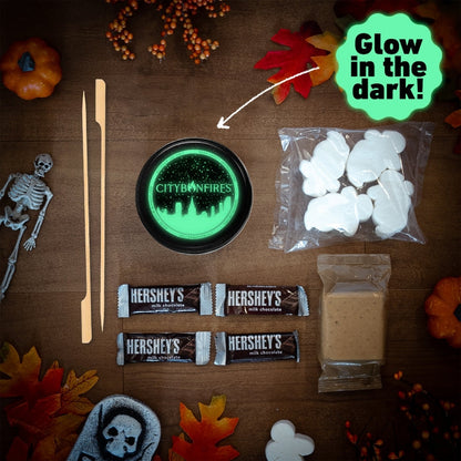 Halloween Glow in the Dark S'mores Pack City Bonfires glow lid with marshmallows and Hershey's on Tampa Home & Garden Store