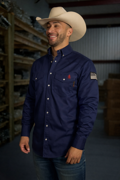 FR Western Style Pearl Snap Navy work shirt with U.S. flag patch by Static FR on Tampa Home & Garden Store