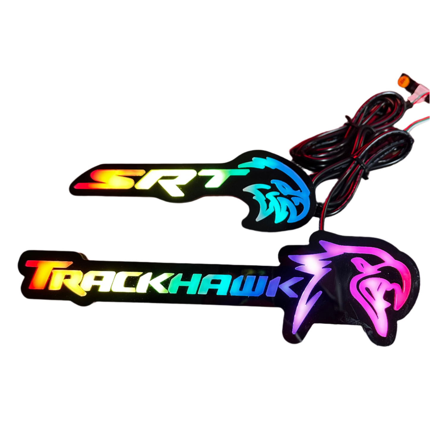 Jeep Trackhawk RGBW Flow Series LED Grill Emblem with rainbow gradient lettering on Tampa Home & Garden Store