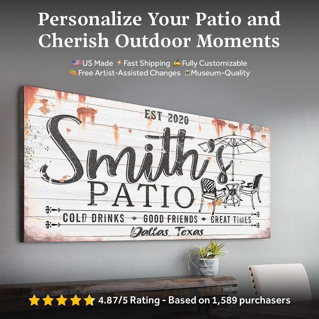Family Patio Sign canvas featuring Smith's Patio on white wood by Tailored Canvases on Tampa Home & Garden Store