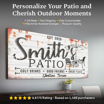 Family Patio Sign canvas featuring Smith's Patio on white wood by Tailored Canvases on Tampa Home & Garden Store