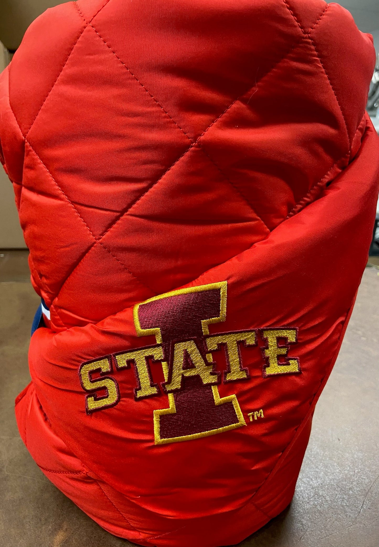 Red quilted puffer blanket with Iowa State patch by Pretty Rugged on Tampa Home & Garden Store
