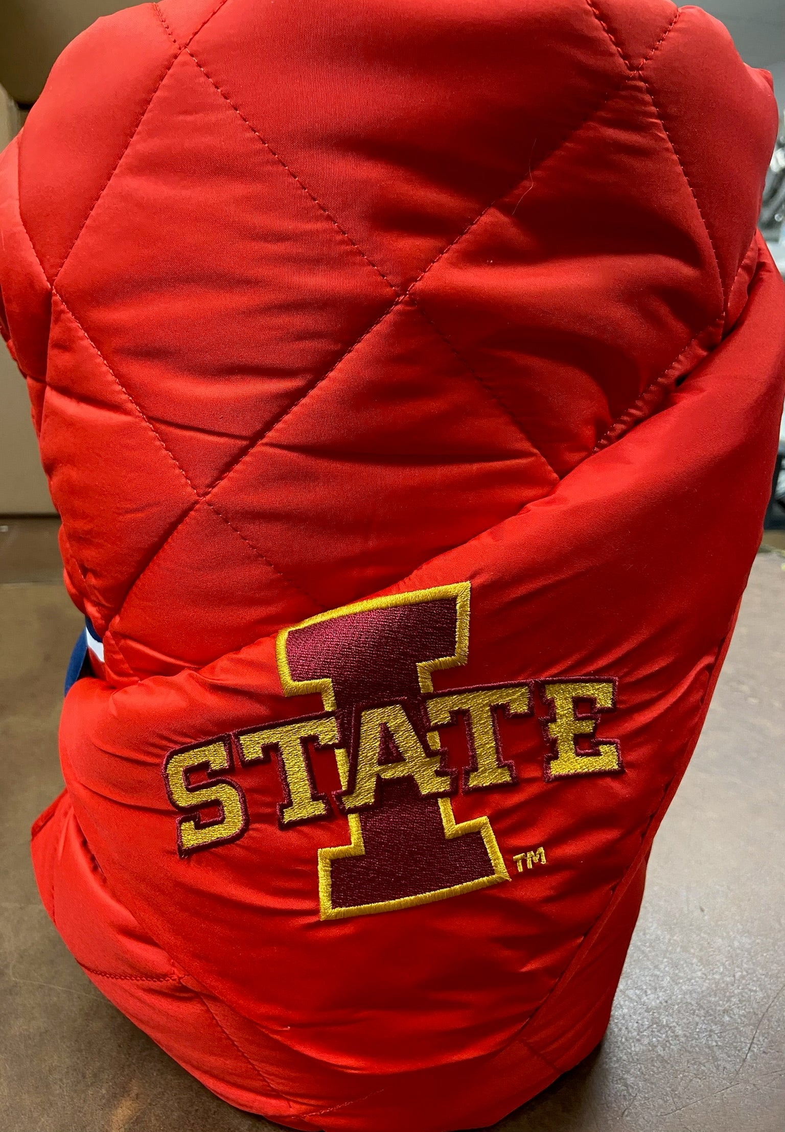 Red quilted puffer blanket with Iowa State patch by Pretty Rugged on Tampa Home & Garden Store