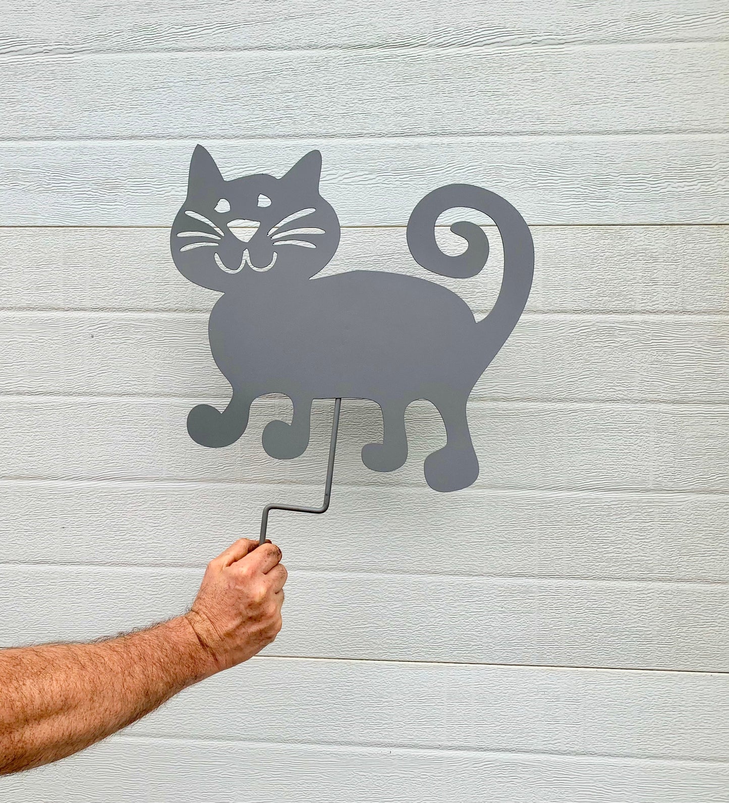 Cat garden stake silhouette in gray metal with curling tail lawn ornament on Tampa Home & Garden Store
