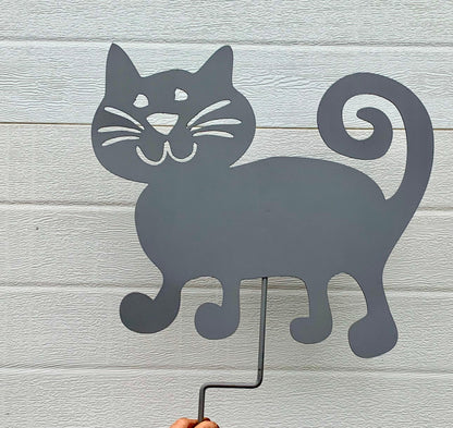 Cat silhouette garden stake by Rustica Ornamentals, gray metal lawn ornament on Tampa Home & Garden Store
