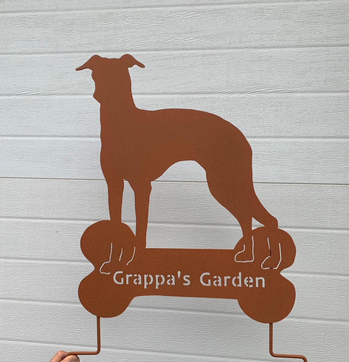 Italian Greyhound statue wall art, rust-colored metal lawn ornament by Rustica Ornamentals on Tampa Home & Garden Store