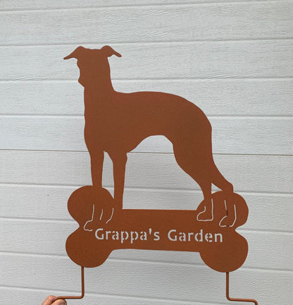 Italian Greyhound statue wall art, rust-colored metal lawn ornament by Rustica Ornamentals on Tampa Home & Garden Store