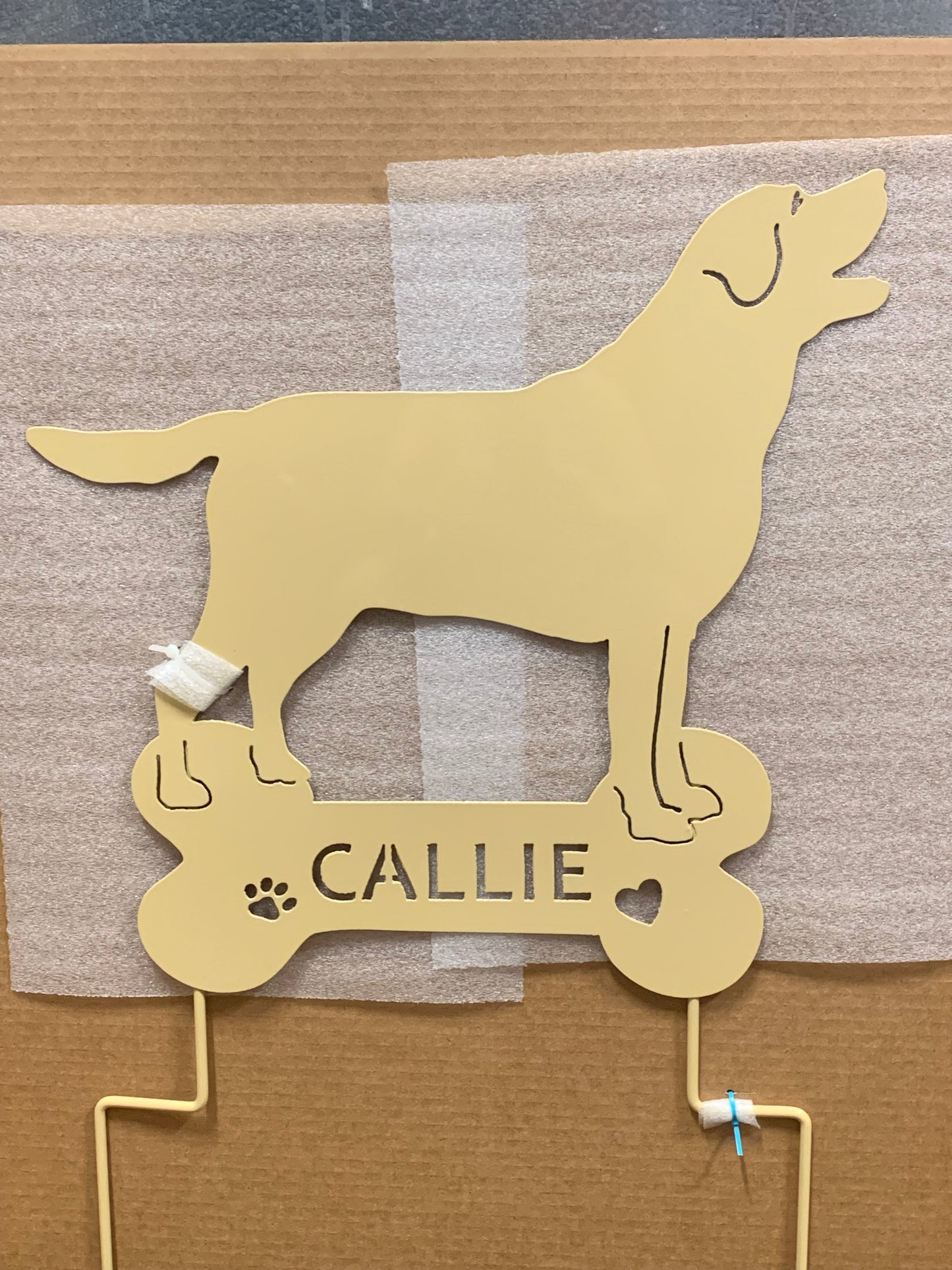 Labrador memorial wall art silhouette, yellow metal with CALLIE on bone base lawn ornament on Tampa Home & Garden Store