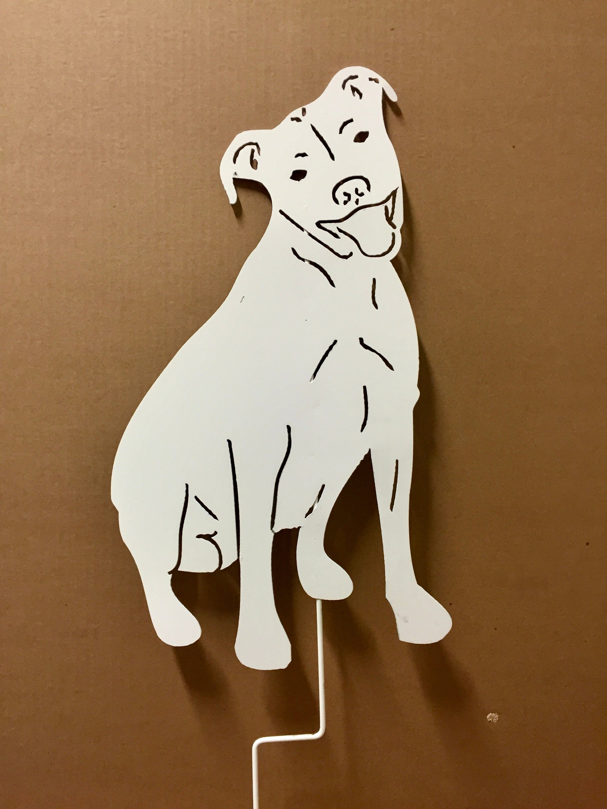Pit Bull garden statue silhouette, white lawn ornament on a stake by Rustica Ornamentals on Tampa Home & Garden Store
