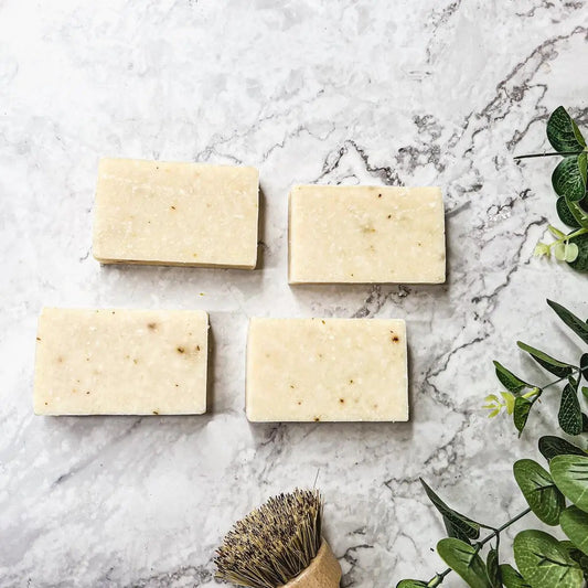 Gia Roma Spearmint Basil Scrub bar soap set of 4 beige bars with specks on marble on Tampa Home & Garden Store