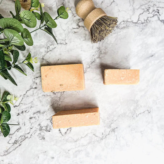 Gia Roma Peach Tea Scrub soap bar set of 3, peach-orange exfoliating bars on marble surface on Tampa Home & Garden Store