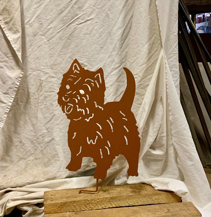 Westie statue metal yard art silhouette in orange Rustica Ornamentals lawn ornament on stake on Tampa Home & Garden Store