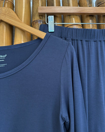 Women's Bamboo Lounge Long Sleeve T-Shirt navy blue by Spun Bamboo on a wooden hanger on Tampa Home & Garden Store