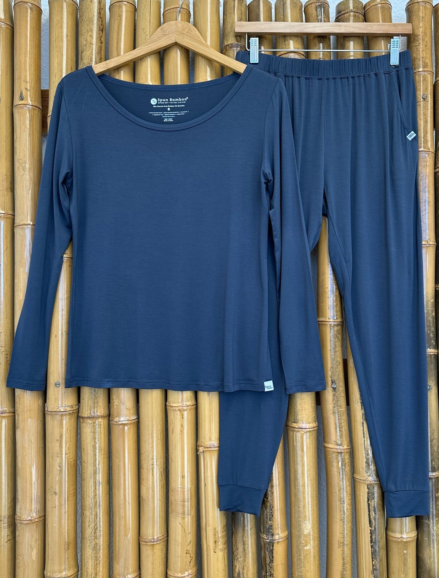 Women's Bamboo Lounge Set navy long sleeve top with jogger pants by Spun Bamboo on Tampa Home & Garden Store