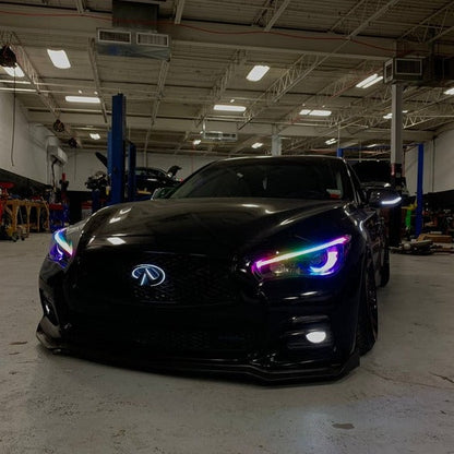 Infiniti Q50 RGBW Flow Series LED DRL Boards on a black Infiniti with rainbow headlights in a workshop on Tampa Home & Garden Store
