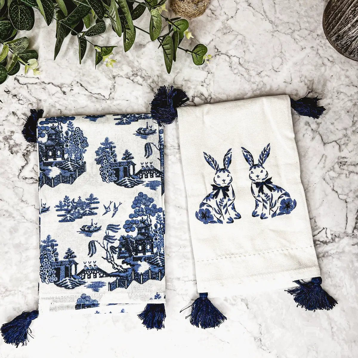 Chinoiserie Bunny Dish Towels Embroidered