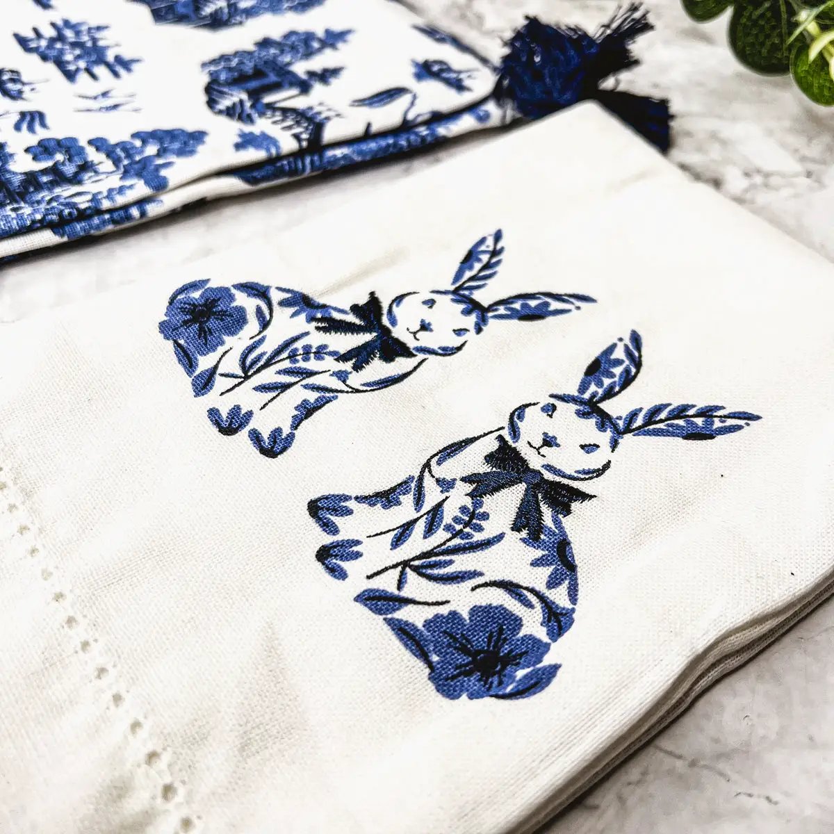 Chinoiserie Bunny Dish Towels Embroidered
